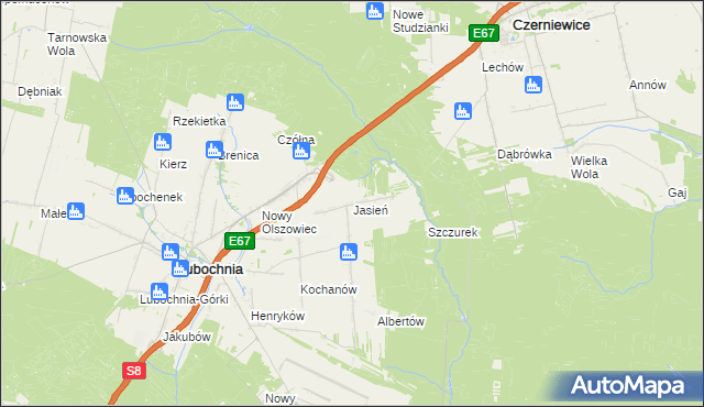 mapa Jasień gmina Lubochnia, Jasień gmina Lubochnia na mapie Targeo