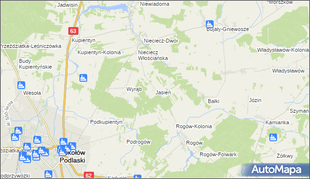 mapa Jasień gmina Repki, Jasień gmina Repki na mapie Targeo