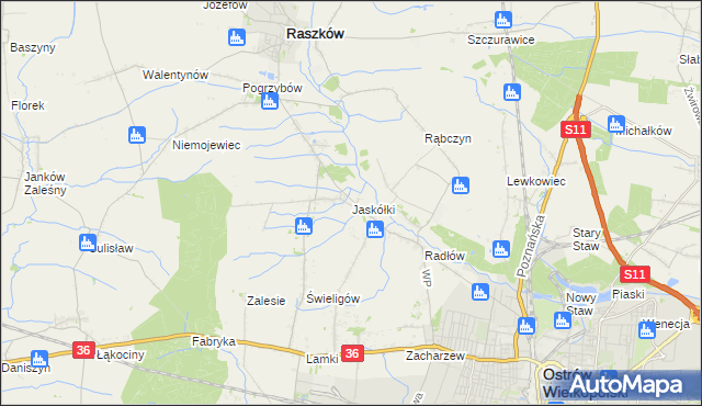 mapa Jaskółki gmina Raszków, Jaskółki gmina Raszków na mapie Targeo