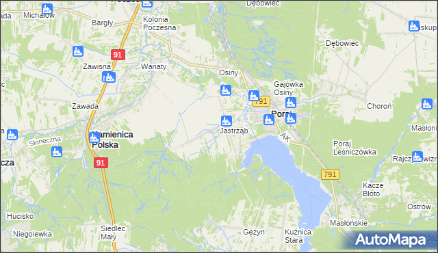 mapa Jastrząb gmina Poraj, Jastrząb gmina Poraj na mapie Targeo