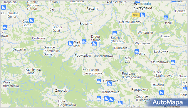 mapa Jaszczurowa gmina Wiśniowa, Jaszczurowa gmina Wiśniowa na mapie Targeo