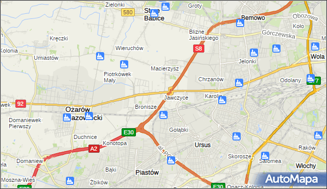 mapa Jawczyce gmina Ożarów Mazowiecki, Jawczyce gmina Ożarów Mazowiecki na mapie Targeo