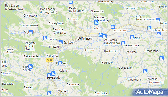 mapa Jazowa gmina Wiśniowa, Jazowa gmina Wiśniowa na mapie Targeo