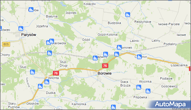 mapa Jaźwiny gmina Borowie, Jaźwiny gmina Borowie na mapie Targeo