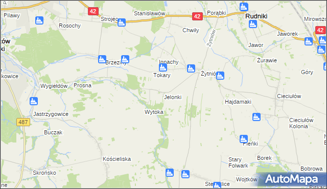 mapa Jelonki gmina Rudniki, Jelonki gmina Rudniki na mapie Targeo