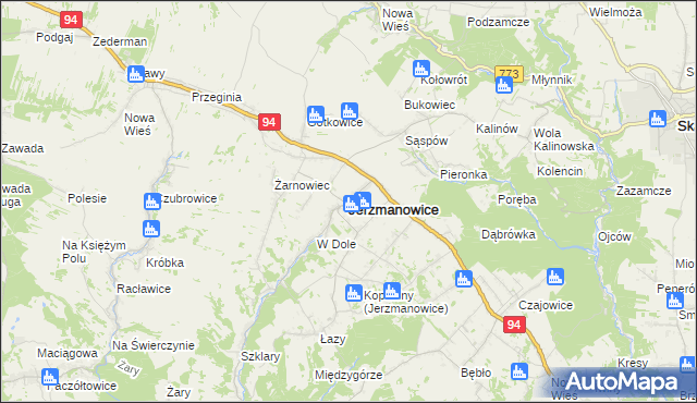 mapa Jerzmanowice gmina Jerzmanowice-Przeginia, Jerzmanowice gmina Jerzmanowice-Przeginia na mapie Targeo