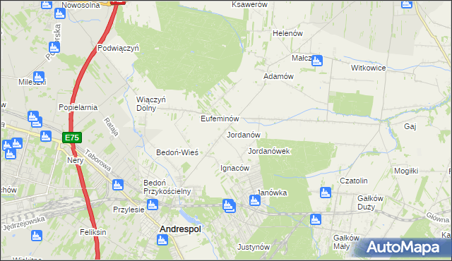 mapa Jordanów gmina Brzeziny, Jordanów gmina Brzeziny na mapie Targeo