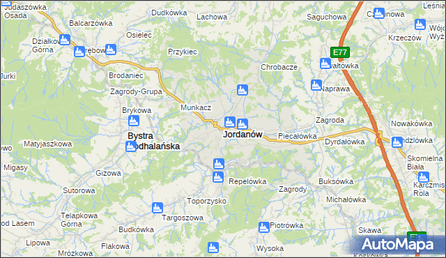 mapa Jordanów powiat suski, Jordanów powiat suski na mapie Targeo