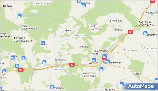 mapa Józefin gmina Rakoniewice, Józefin gmina Rakoniewice na mapie Targeo