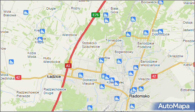 mapa Józefów gmina Ładzice, Józefów gmina Ładzice na mapie Targeo