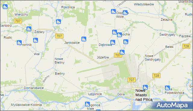 mapa Józefów gmina Nowe Miasto nad Pilicą, Józefów gmina Nowe Miasto nad Pilicą na mapie Targeo