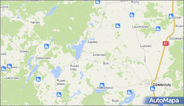 mapa Julianowo gmina Dźwierzuty, Julianowo gmina Dźwierzuty na mapie Targeo