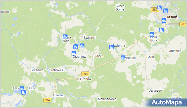 mapa Jurzyn gmina Jasień, Jurzyn gmina Jasień na mapie Targeo