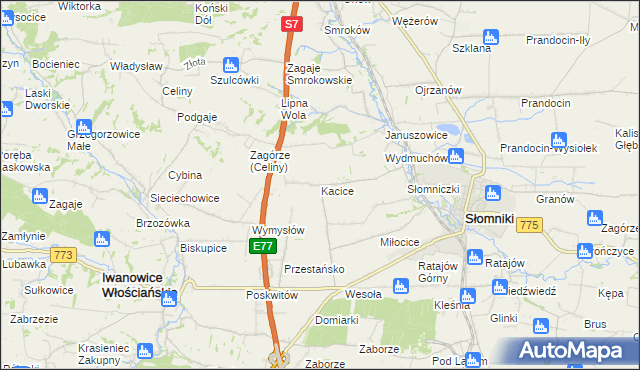 mapa Kacice gmina Słomniki, Kacice gmina Słomniki na mapie Targeo