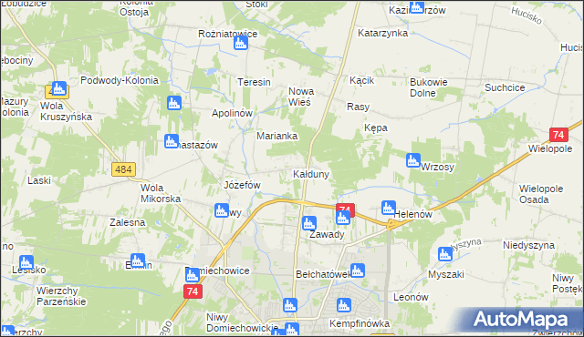 mapa Kałduny gmina Bełchatów, Kałduny gmina Bełchatów na mapie Targeo