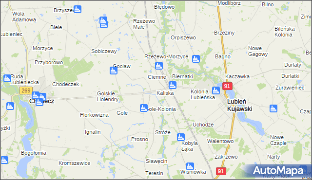 mapa Kaliska gmina Lubień Kujawski, Kaliska gmina Lubień Kujawski na mapie Targeo