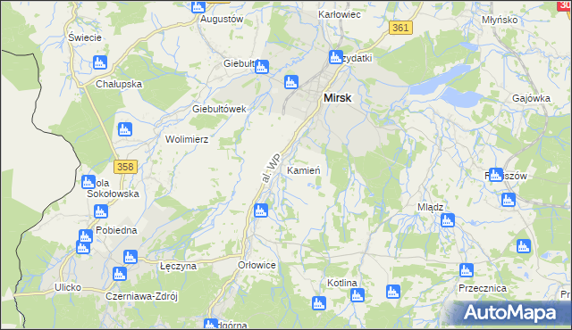 mapa Kamień gmina Mirsk, Kamień gmina Mirsk na mapie Targeo
