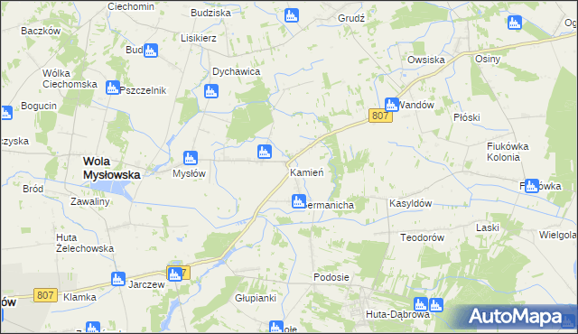 mapa Kamień gmina Wola Mysłowska, Kamień gmina Wola Mysłowska na mapie Targeo