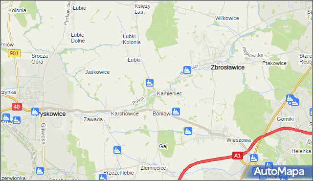 mapa Kamieniec gmina Zbrosławice, Kamieniec gmina Zbrosławice na mapie Targeo