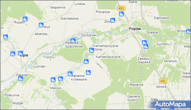 mapa Kamieńszczyzna gmina Popów, Kamieńszczyzna gmina Popów na mapie Targeo