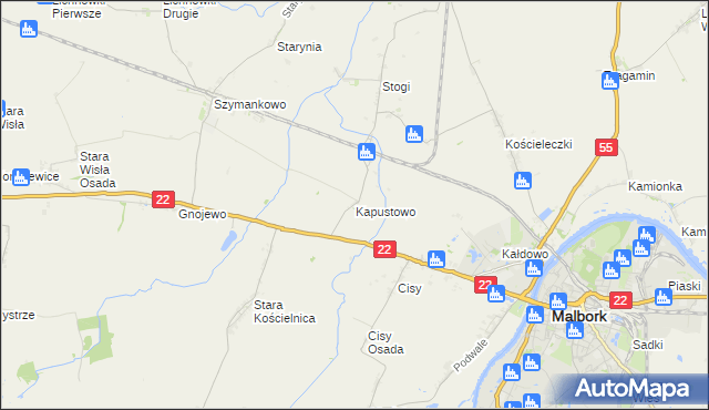 mapa Kapustowo gmina Malbork, Kapustowo gmina Malbork na mapie Targeo