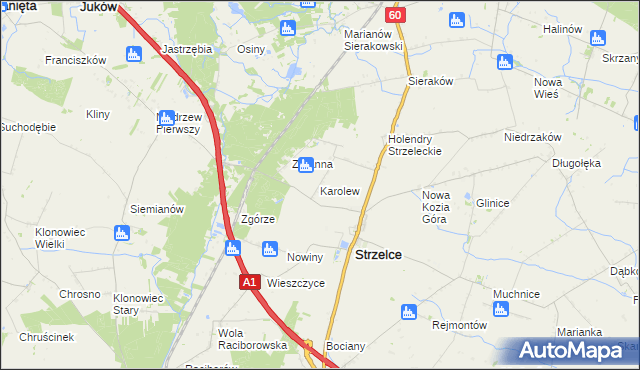 mapa Karolew gmina Strzelce, Karolew gmina Strzelce na mapie Targeo