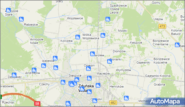 mapa Karolew gmina Zduńska Wola, Karolew gmina Zduńska Wola na mapie Targeo