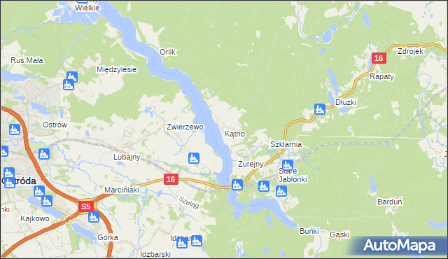 mapa Kątno gmina Ostróda, Kątno gmina Ostróda na mapie Targeo