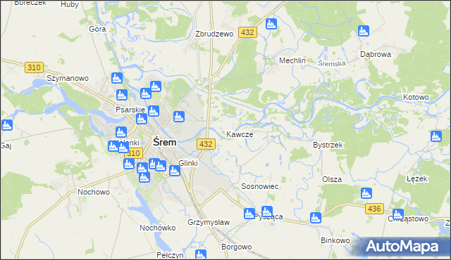 mapa Kawcze gmina Śrem, Kawcze gmina Śrem na mapie Targeo