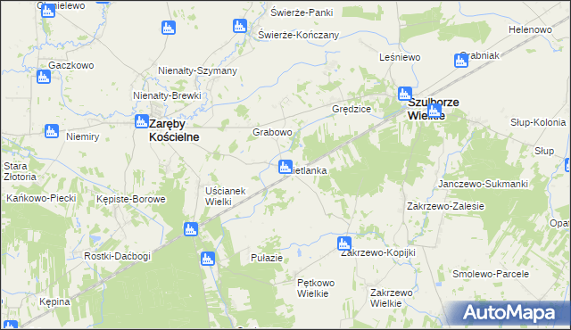 mapa Kietlanka gmina Zaręby Kościelne, Kietlanka gmina Zaręby Kościelne na mapie Targeo