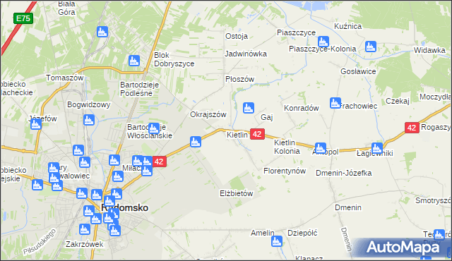 mapa Kietlin gmina Radomsko, Kietlin gmina Radomsko na mapie Targeo