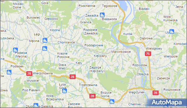 mapa Klęczany gmina Chełmiec, Klęczany gmina Chełmiec na mapie Targeo