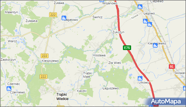 mapa Kłodawa gmina Trąbki Wielkie, Kłodawa gmina Trąbki Wielkie na mapie Targeo