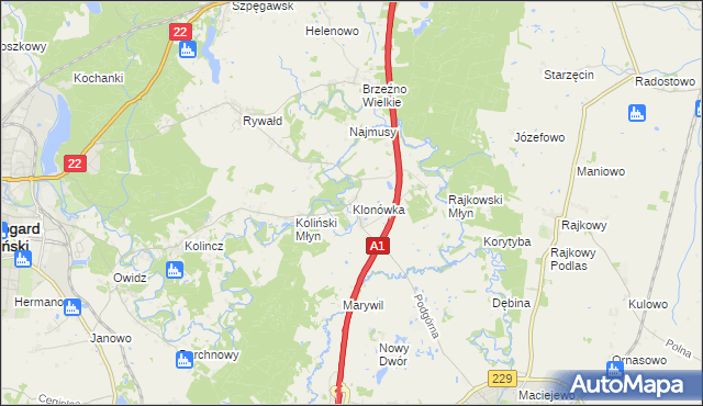 mapa Klonówka gmina Starogard Gdański, Klonówka gmina Starogard Gdański na mapie Targeo