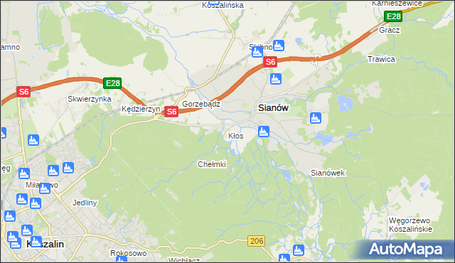 mapa Kłos gmina Sianów, Kłos gmina Sianów na mapie Targeo