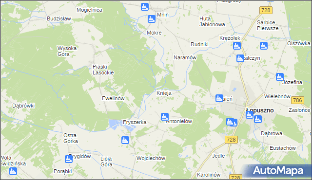 mapa Knieja gmina Łopuszno, Knieja gmina Łopuszno na mapie Targeo