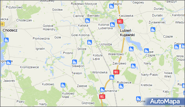 mapa Kobyla Łąka gmina Lubień Kujawski, Kobyla Łąka gmina Lubień Kujawski na mapie Targeo