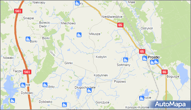 mapa Kobylin gmina Prostki, Kobylin gmina Prostki na mapie Targeo