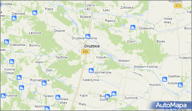 mapa Kobyłki gmina Drużbice, Kobyłki gmina Drużbice na mapie Targeo