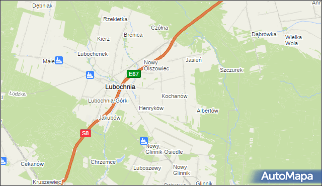 mapa Kochanów gmina Lubochnia, Kochanów gmina Lubochnia na mapie Targeo
