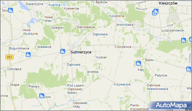 mapa Kodrań gmina Sulmierzyce, Kodrań gmina Sulmierzyce na mapie Targeo