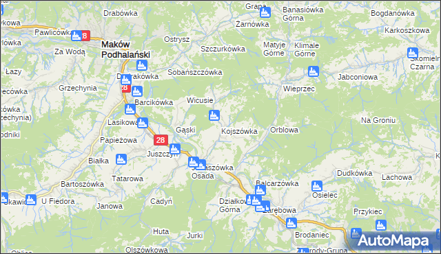 mapa Kojszówka, Kojszówka na mapie Targeo