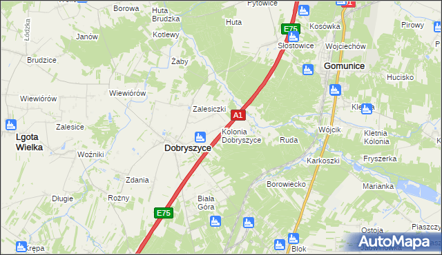 mapa Kolonia Dobryszyce, Kolonia Dobryszyce na mapie Targeo