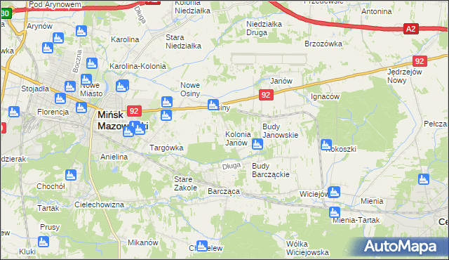 mapa Kolonia Janów gmina Mińsk Mazowiecki, Kolonia Janów gmina Mińsk Mazowiecki na mapie Targeo