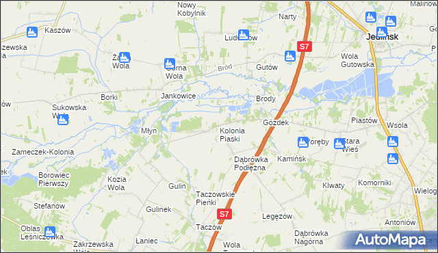 mapa Kolonia Piaski gmina Zakrzew, Kolonia Piaski gmina Zakrzew na mapie Targeo