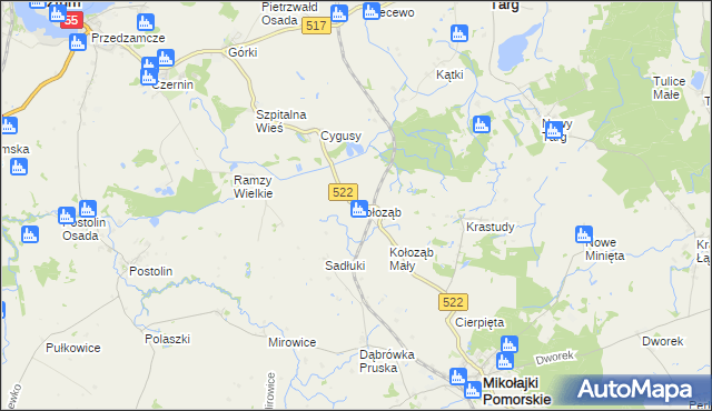 mapa Kołoząb gmina Mikołajki Pomorskie, Kołoząb gmina Mikołajki Pomorskie na mapie Targeo