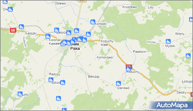 mapa Komorowo gmina Biała Piska, Komorowo gmina Biała Piska na mapie Targeo