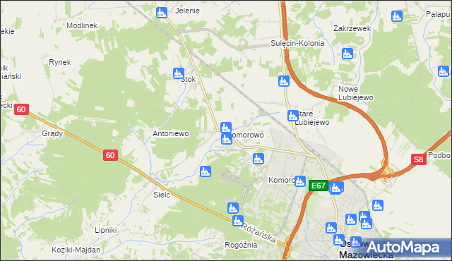 mapa Komorowo gmina Ostrów Mazowiecka, Komorowo gmina Ostrów Mazowiecka na mapie Targeo