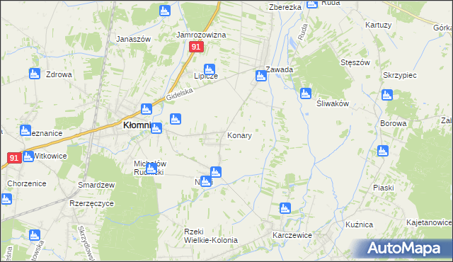 mapa Konary gmina Kłomnice, Konary gmina Kłomnice na mapie Targeo