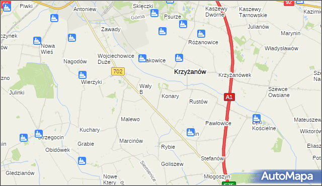 mapa Konary gmina Krzyżanów, Konary gmina Krzyżanów na mapie Targeo